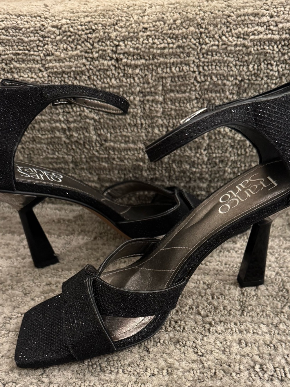 Franco Sarto Black Sparkle Open-Toe Ankle-Strap Heels